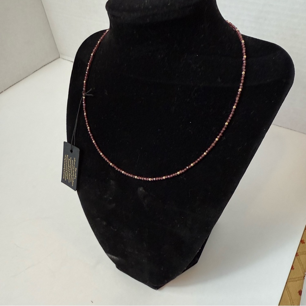 Elegant Garnet Choker Necklace with 14K Gold Accents Beads 16” Dark Red